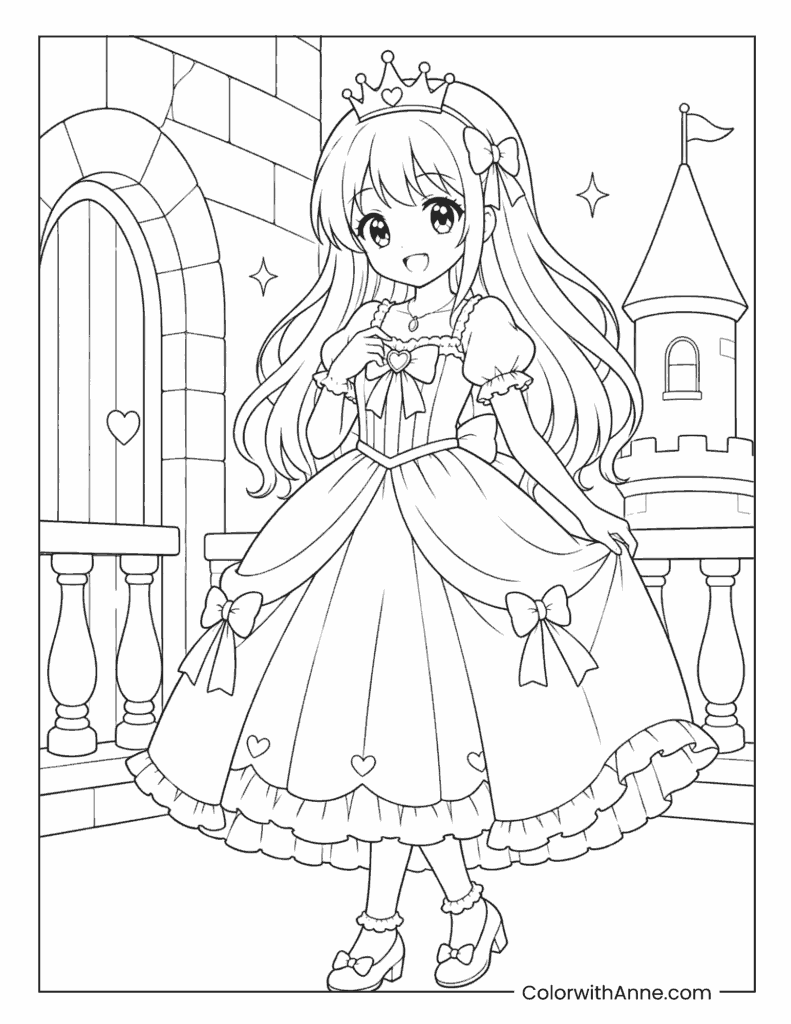 Cute Anime Princess in Castle Coloring Page