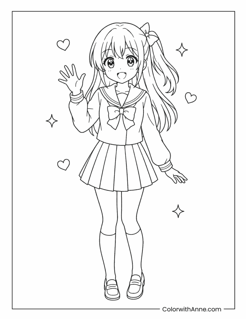 Cute Anime School Girl Waving Coloring Page