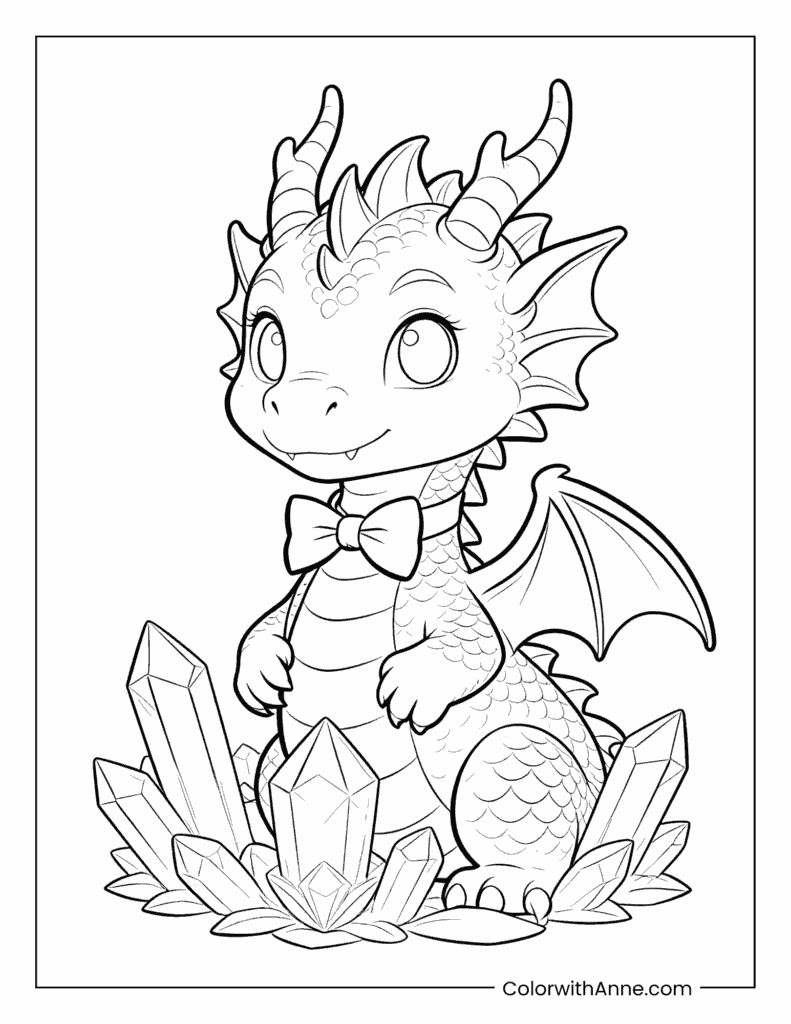 Cute Baby Dragon Sitting on a Pile of Crystals Coloring Page