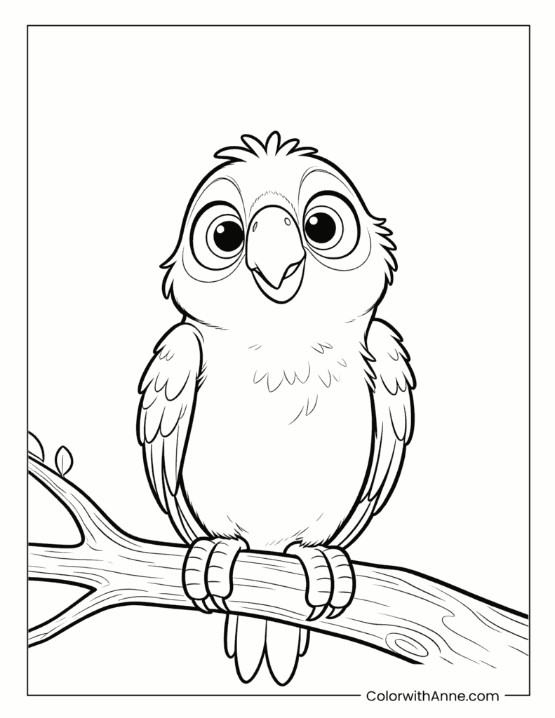 Cute Baby Macaw on Branch Coloring Page