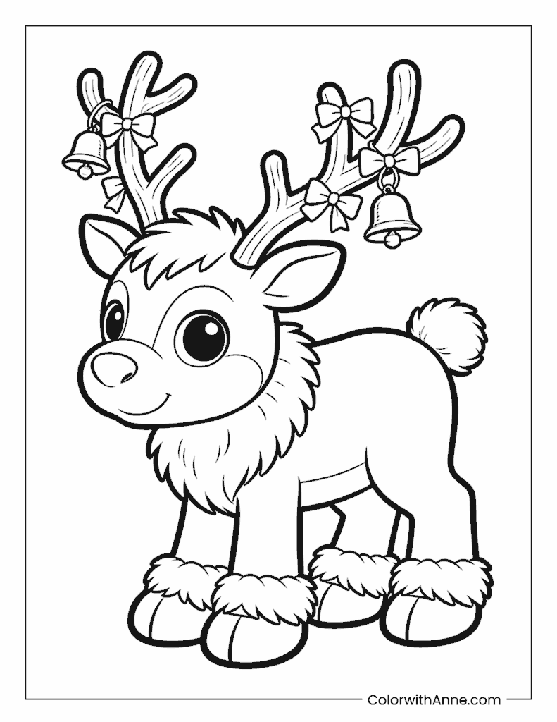 Cute Baby Reindeer with Bells Coloring Page
