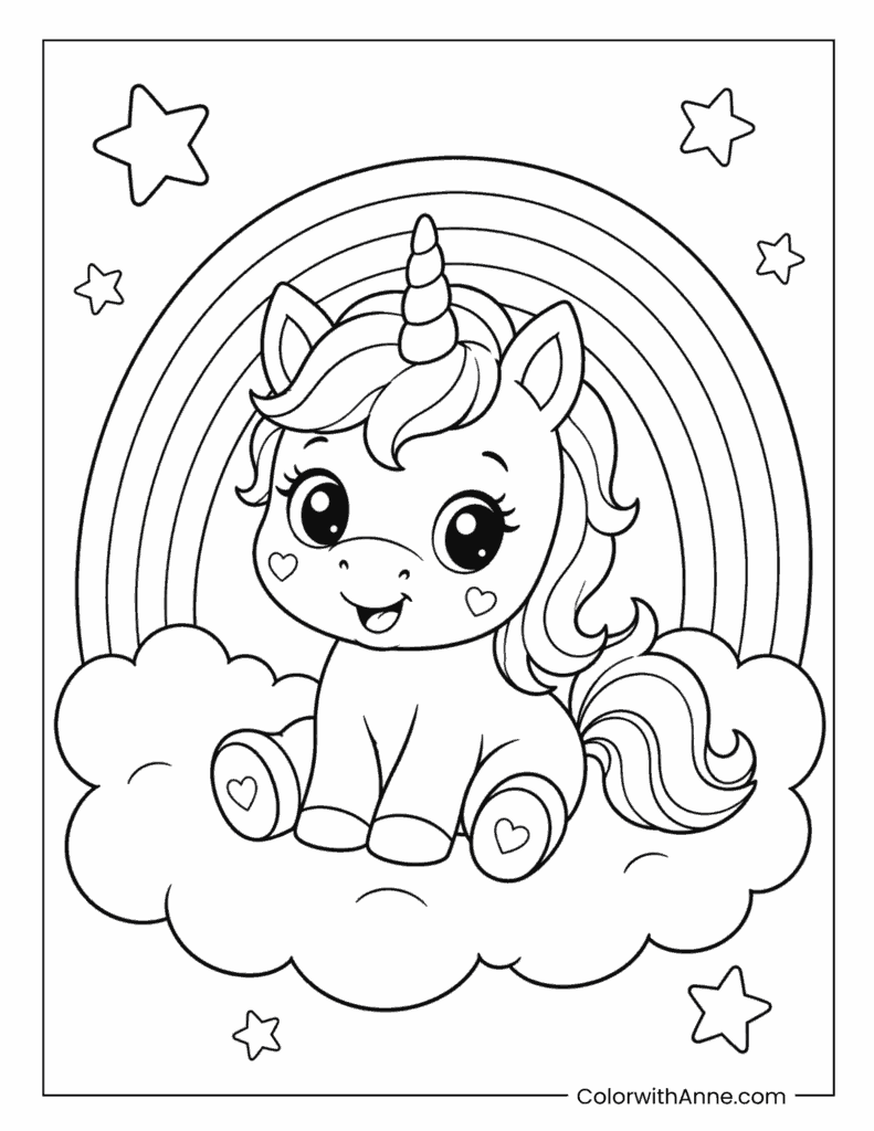 Cute Baby Unicorn Sitting on a Cloud with Rainbow Coloring Page