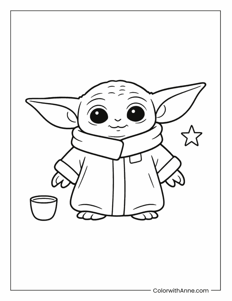 Cute Baby Yoda with Star Coloring Page