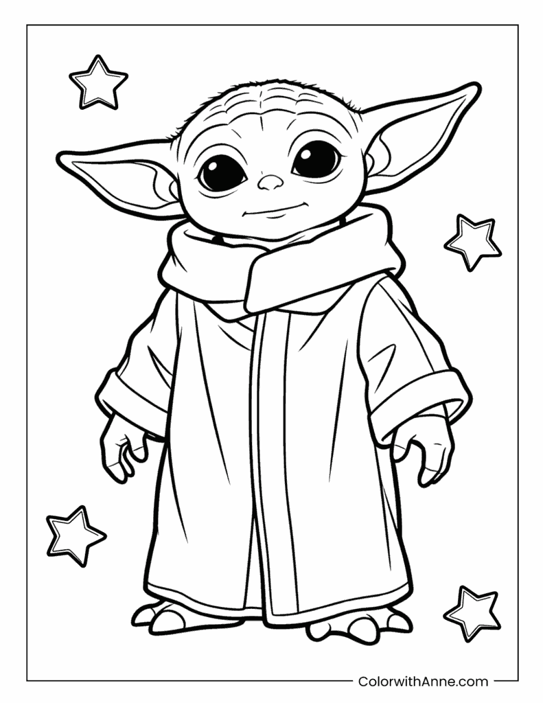Cute Baby Yoda with Stars Coloring Page