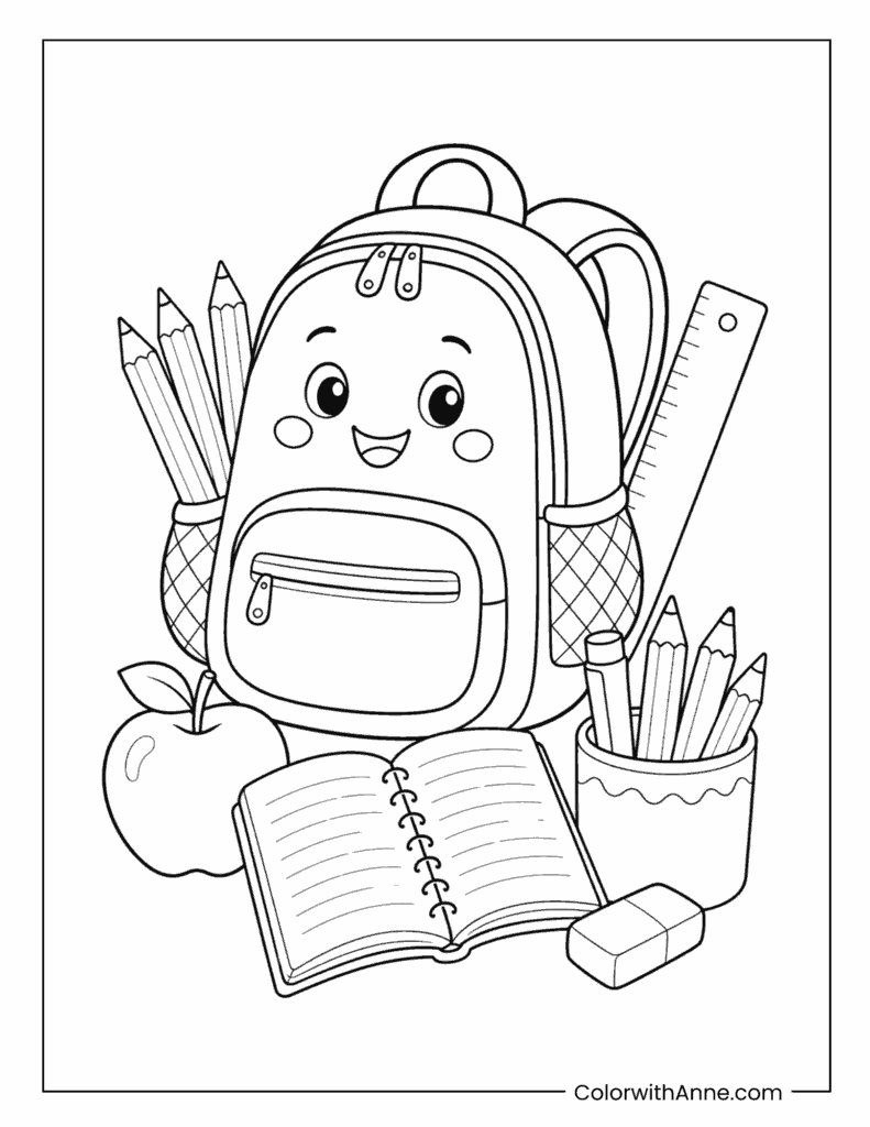 Cute Backpack with Notebook and Pencils Coloring Page