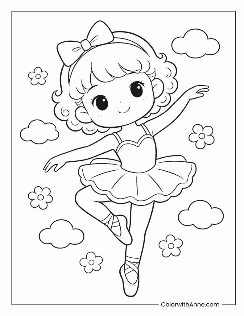 Cute Ballerina Dancing on a Dreamy Stage Coloring Page