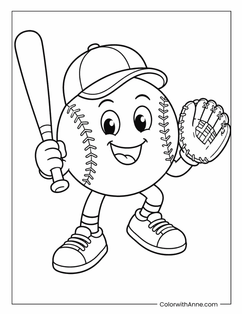 Cute Baseball Mascot Holding a Bat and Glove Coloring Page