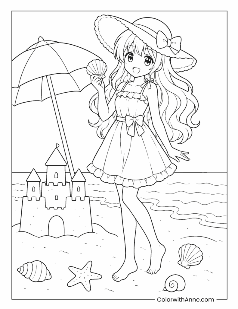 Cute Beach Anime Girl with Sandcastle Coloring Page
