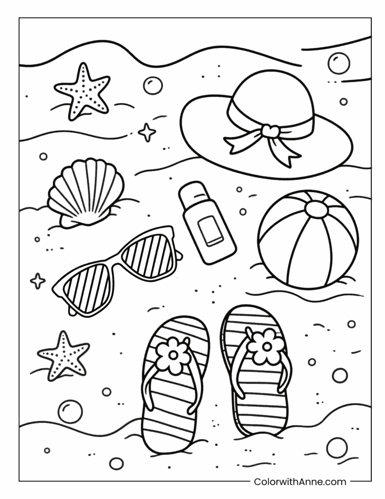 Cute Beach Items Coloring Page