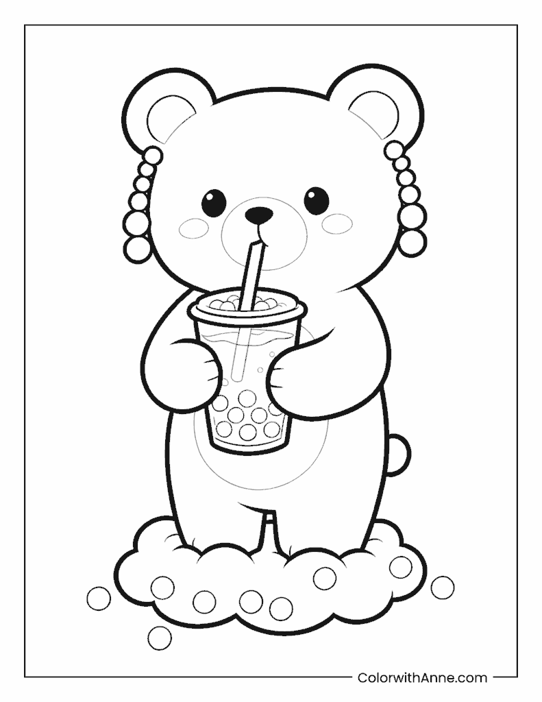 Cute Bear Drinking Boba on a Cloud Coloring Page
