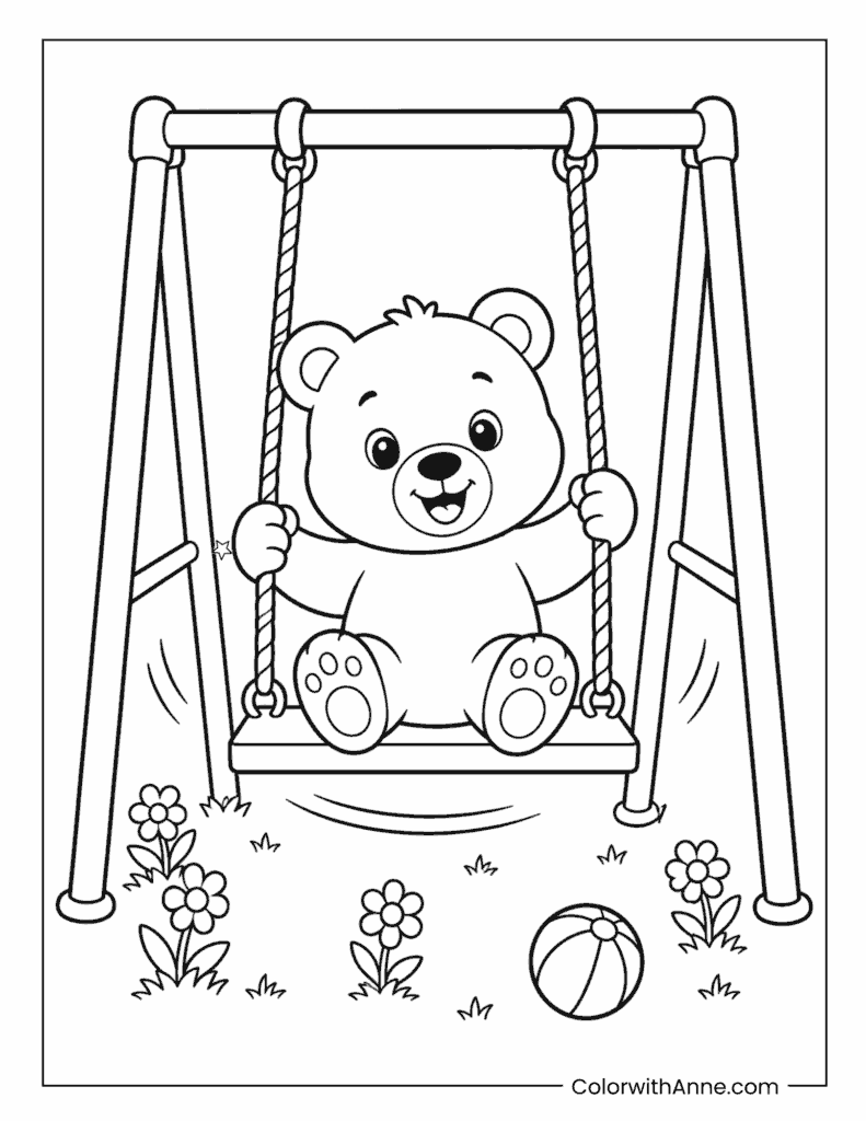 Cute Bear Playing on a Swing Coloring Page
