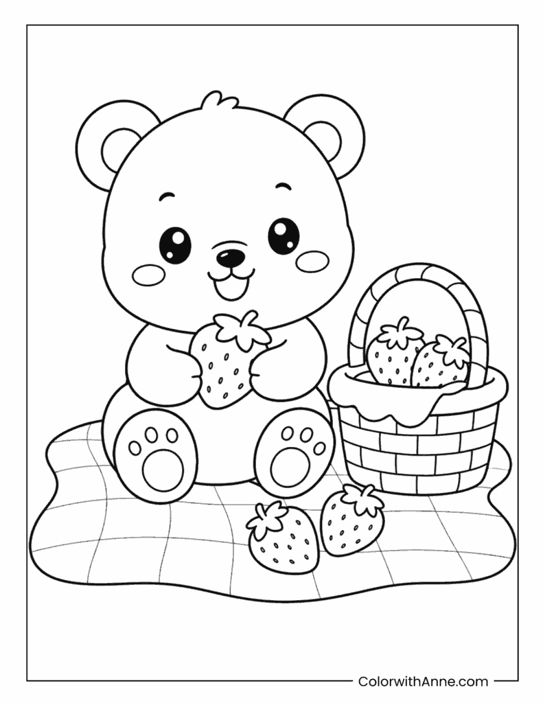 Cute Bear with Strawberries Coloring Page