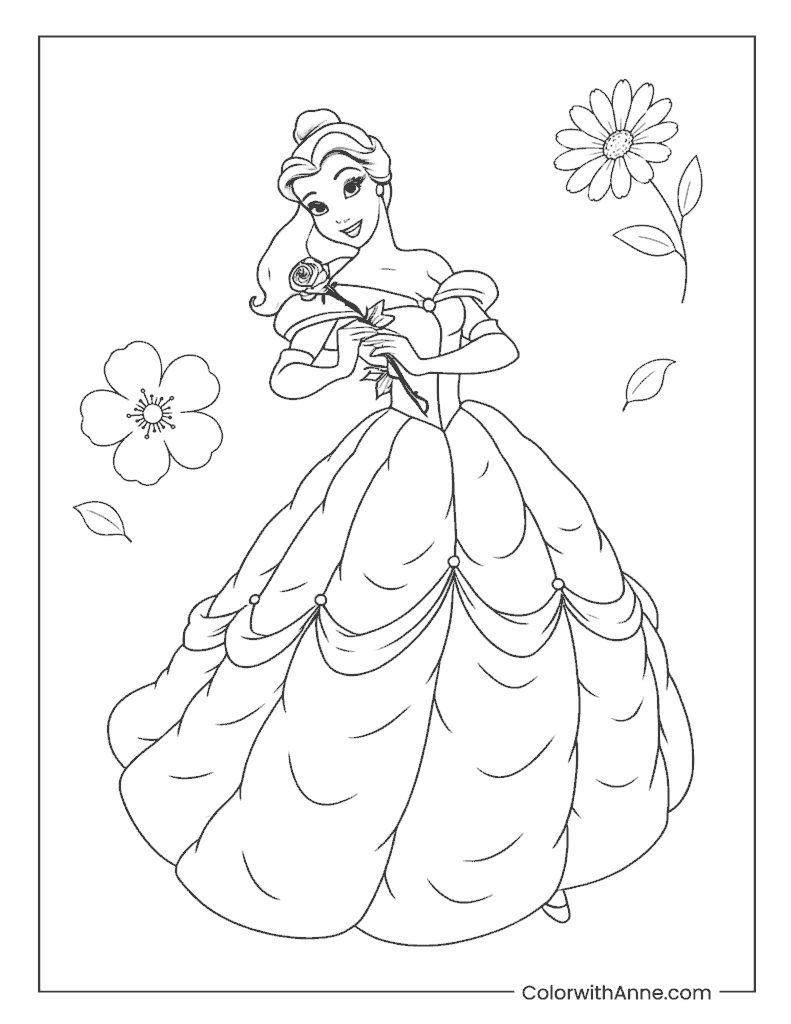 Cute Belle Holding a Rose Coloring Page