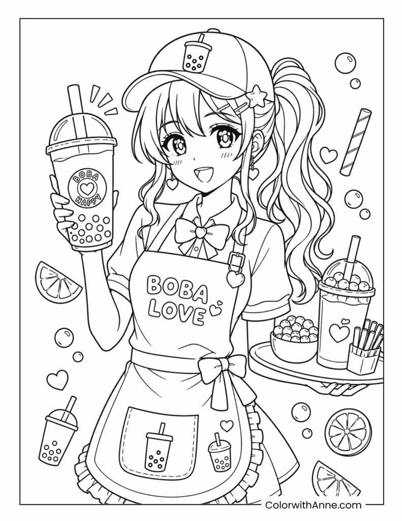 Cute Boba Barista Anime Girl Coloring Page