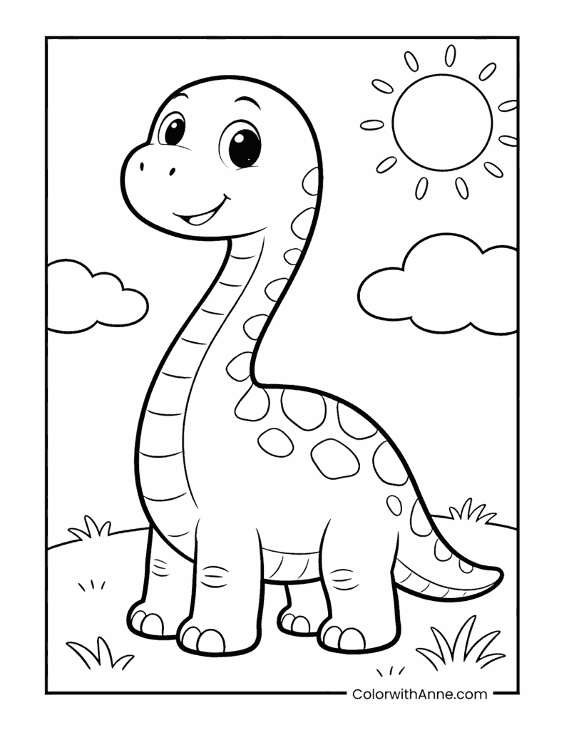 Cute Brachiosaurus Under a Sun and Clouds Coloring Page