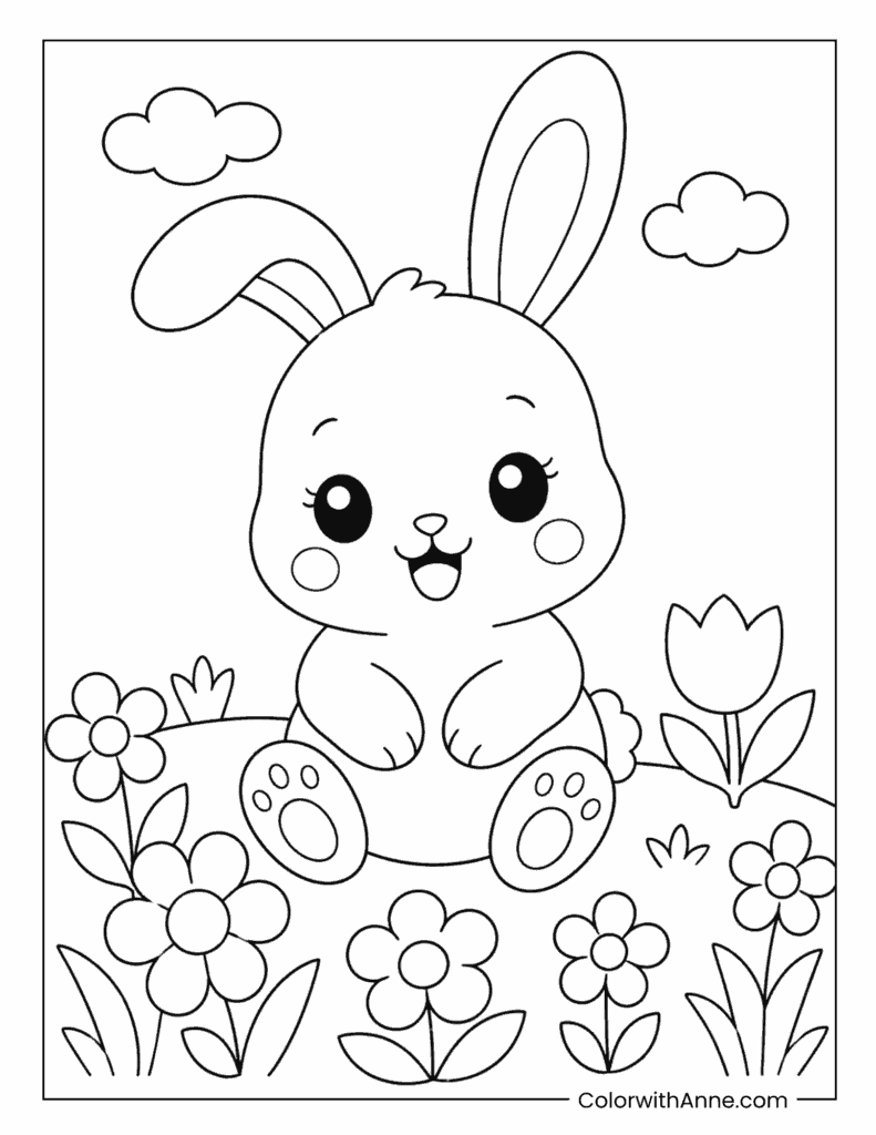 Cute Bunny with Flowers Coloring Page