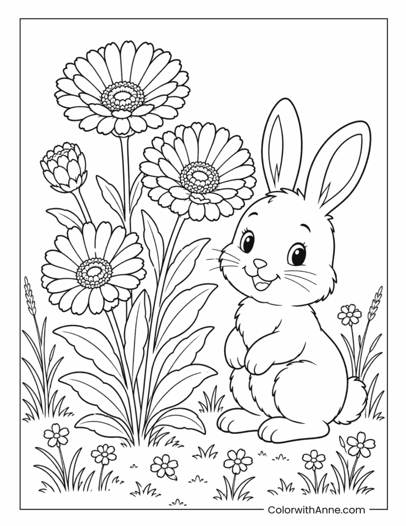 Cute Bunny with Gerbera Daisies Coloring Page