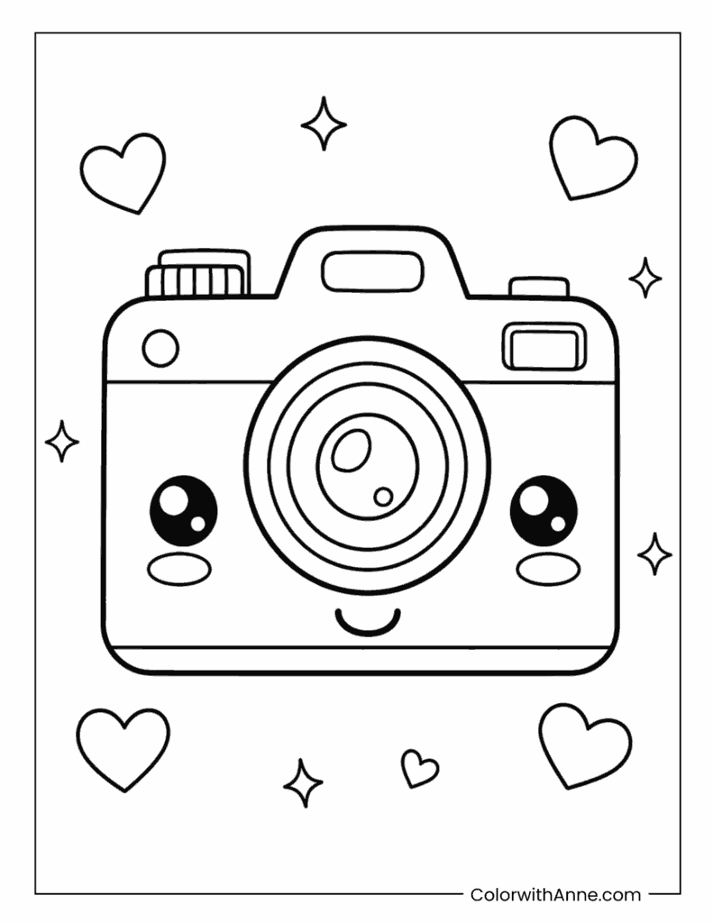 Cute Camera with Hearts Coloring Page