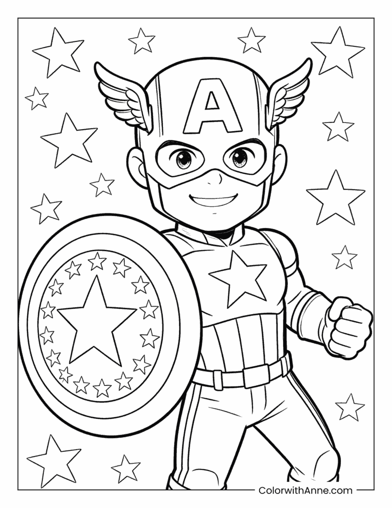 Cute Captain America with Starry Background Coloring Page