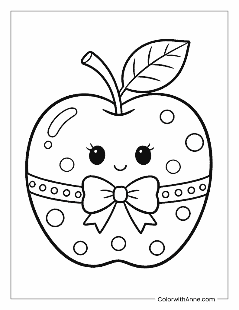 Cute Cartoon Apple with a Bow and Dots Coloring Page