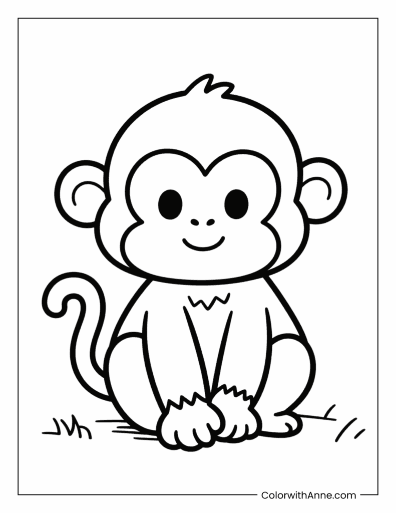 Cute Cartoon Monkey Sitting on the Ground Coloring Page