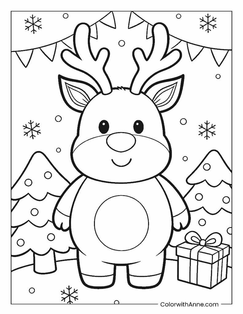 Cute Cartoon Reindeer and Christmas Tree Scene Coloring Page