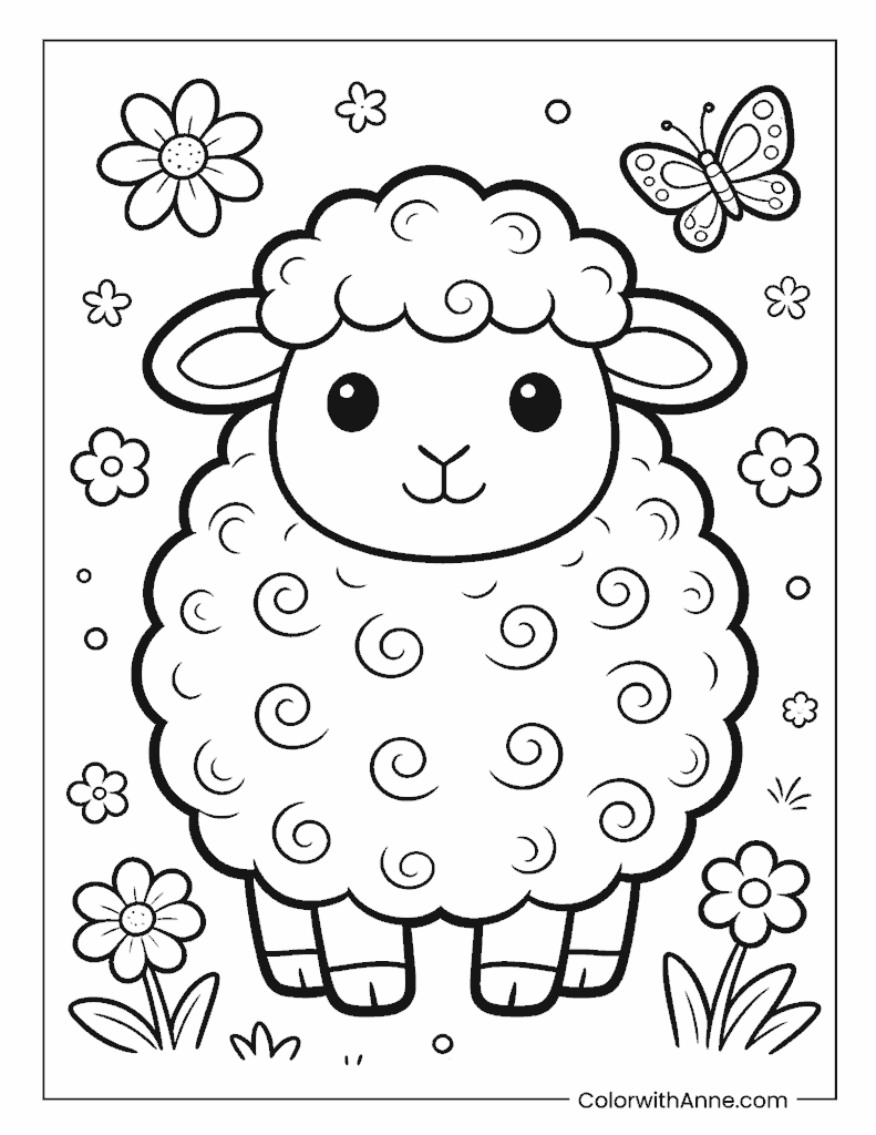 Cute Cartoon Sheep with Flowers and Butterflies Coloring Page
