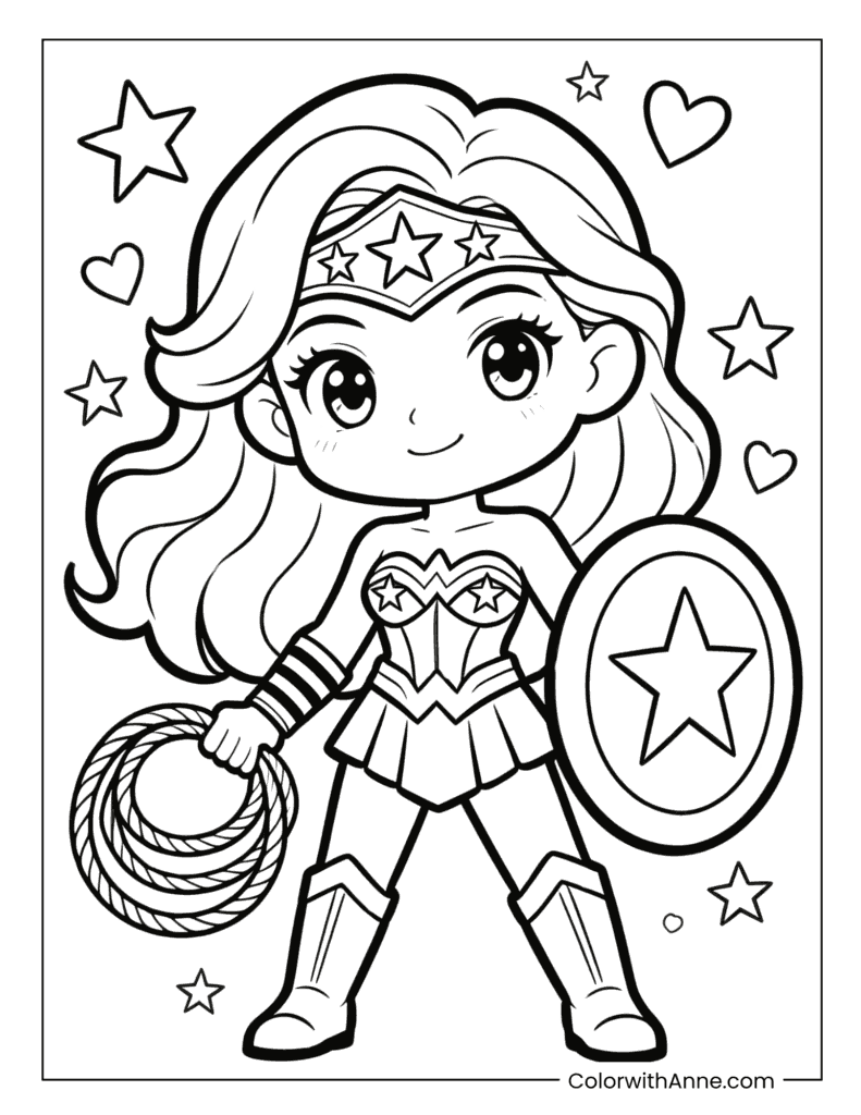 Cute Cartoon Wonder Woman with Shield and Stars Coloring Page for Kids