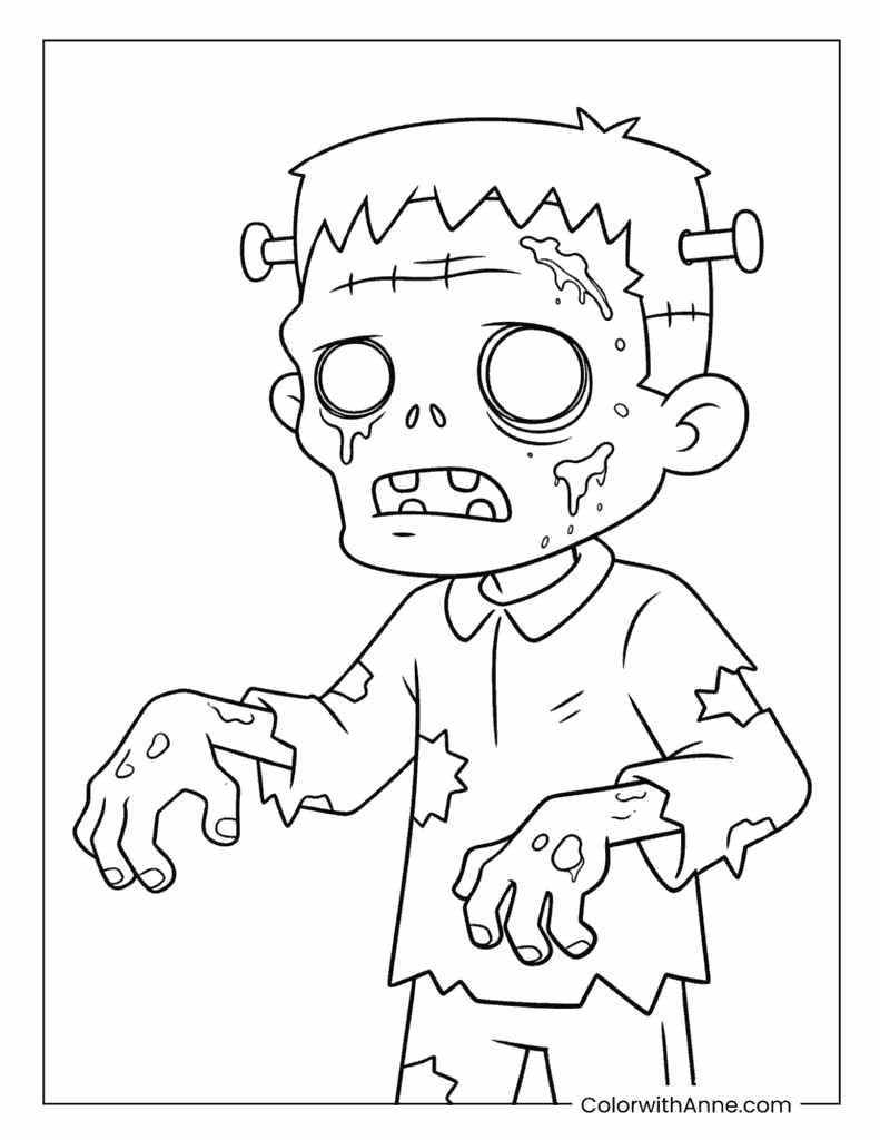 Cute Cartoon Zombie with Bolts Coloring Page