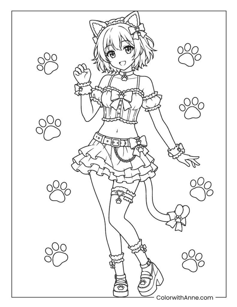 Cute Cat Girl Anime Coloring Page