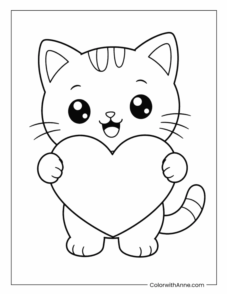 Cute Cat with Heart Coloring Page