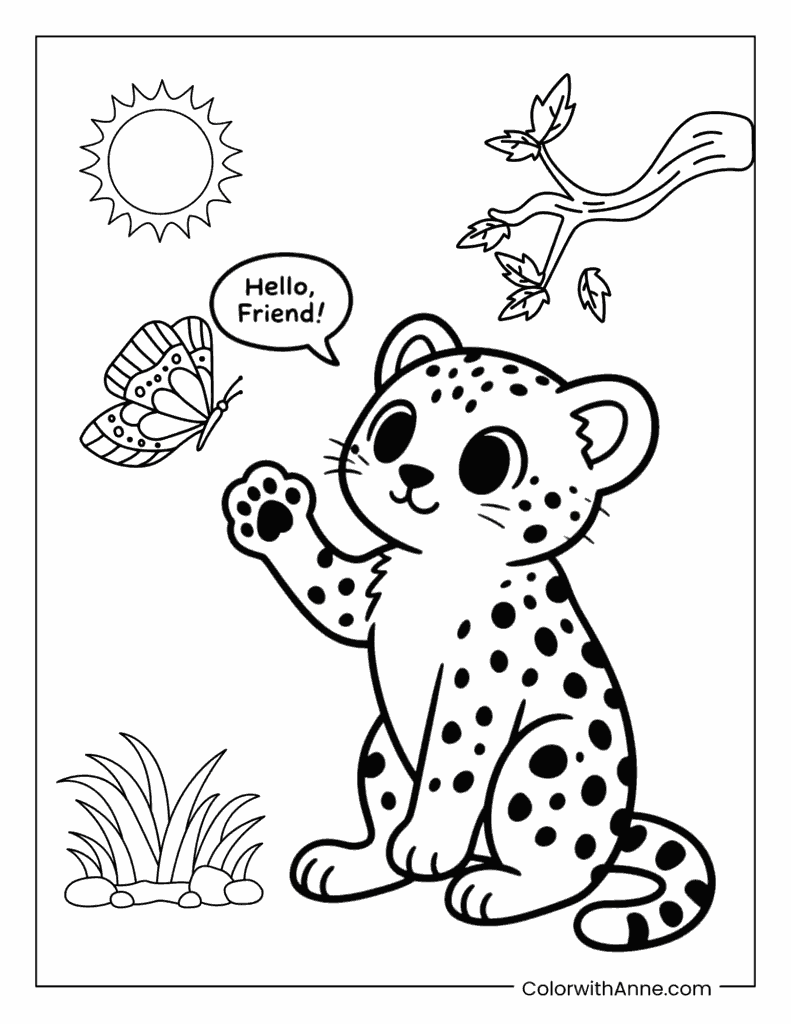 Cute Cheetah Playing with Butterfly Coloring Page