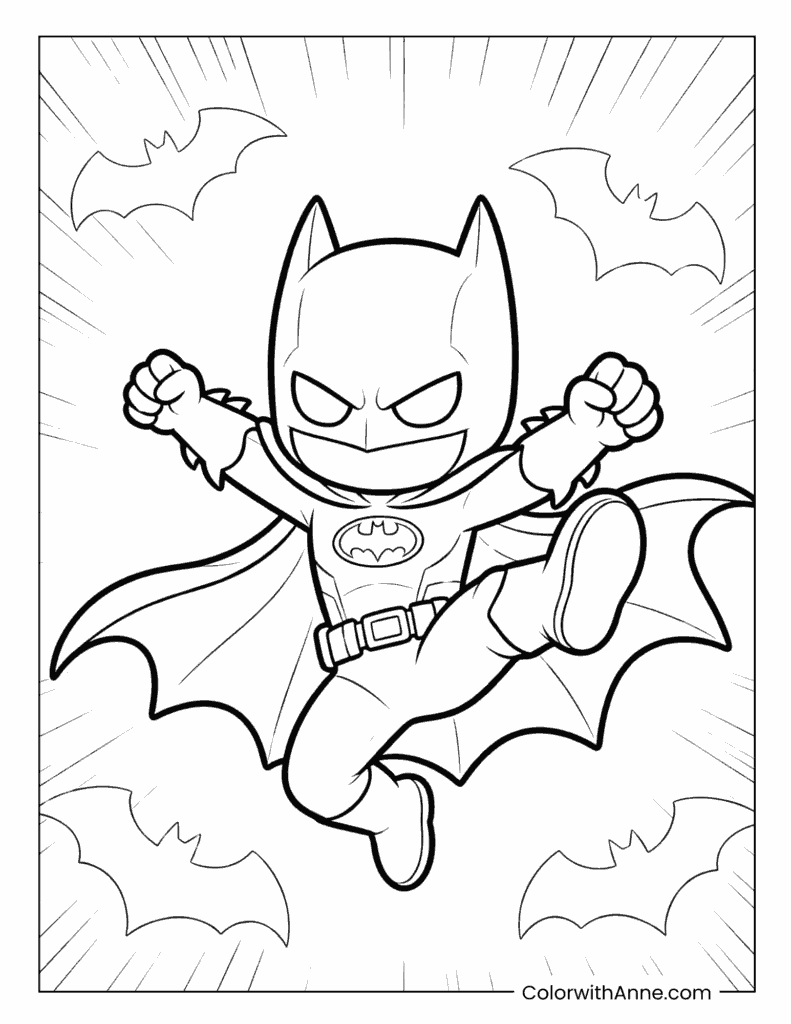 Cute Chibi Batman Leaping Through a Background of Bats Coloring Page