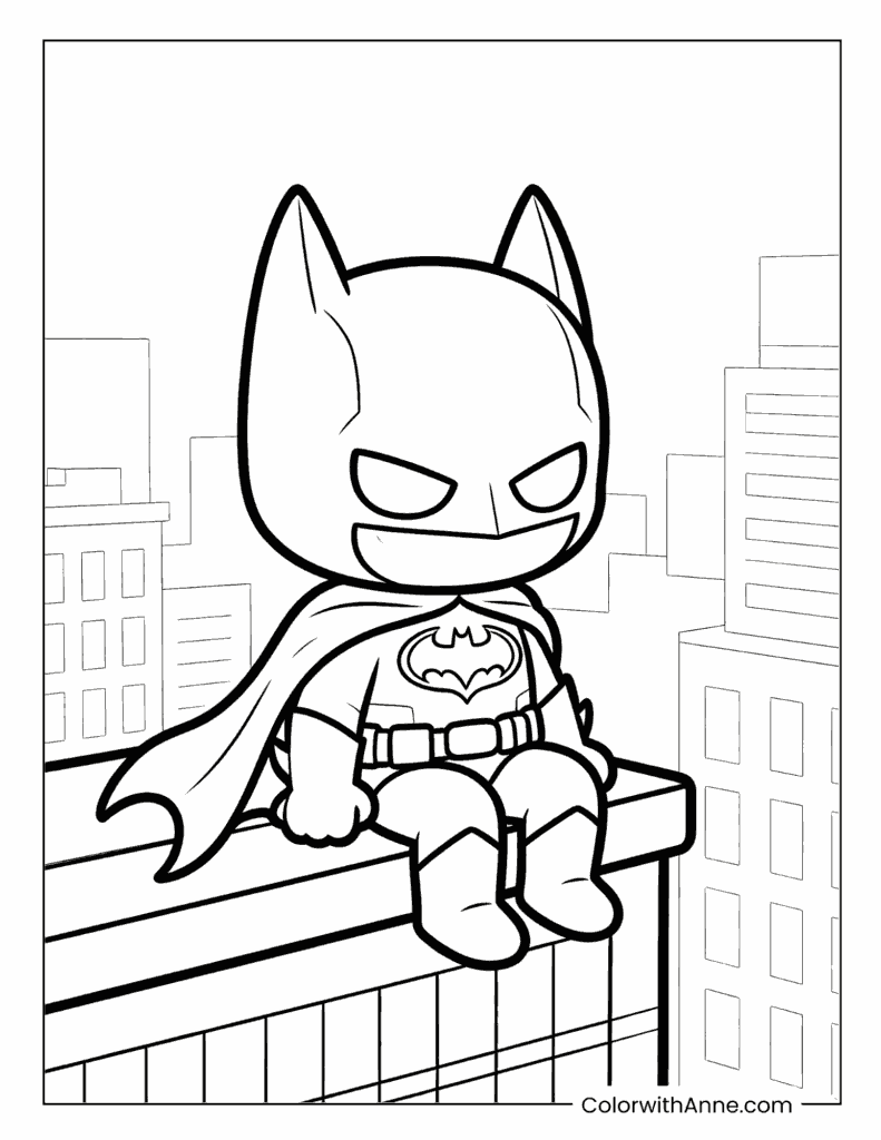 Cute Chibi Batman Sitting on a Rooftop in Gotham City Coloring Page