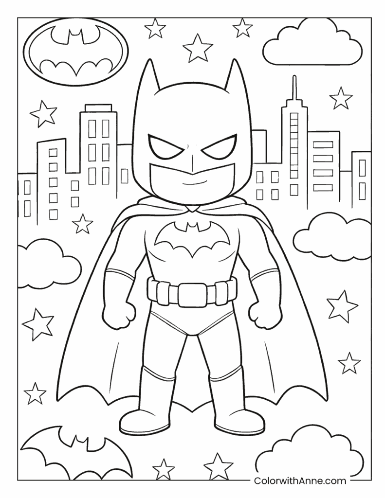 Cute Chibi Batman in a City Scene Coloring Page