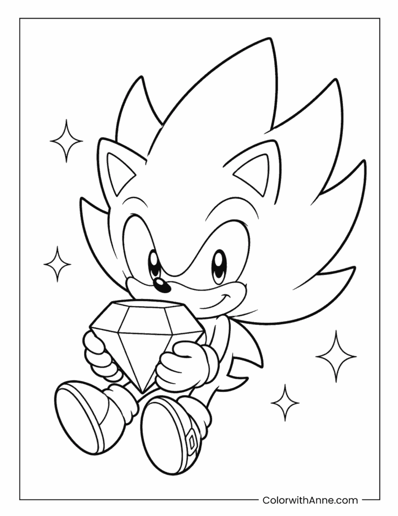 Cute Chibi Super Sonic Holding Giant Chaos Emerald Coloring Page