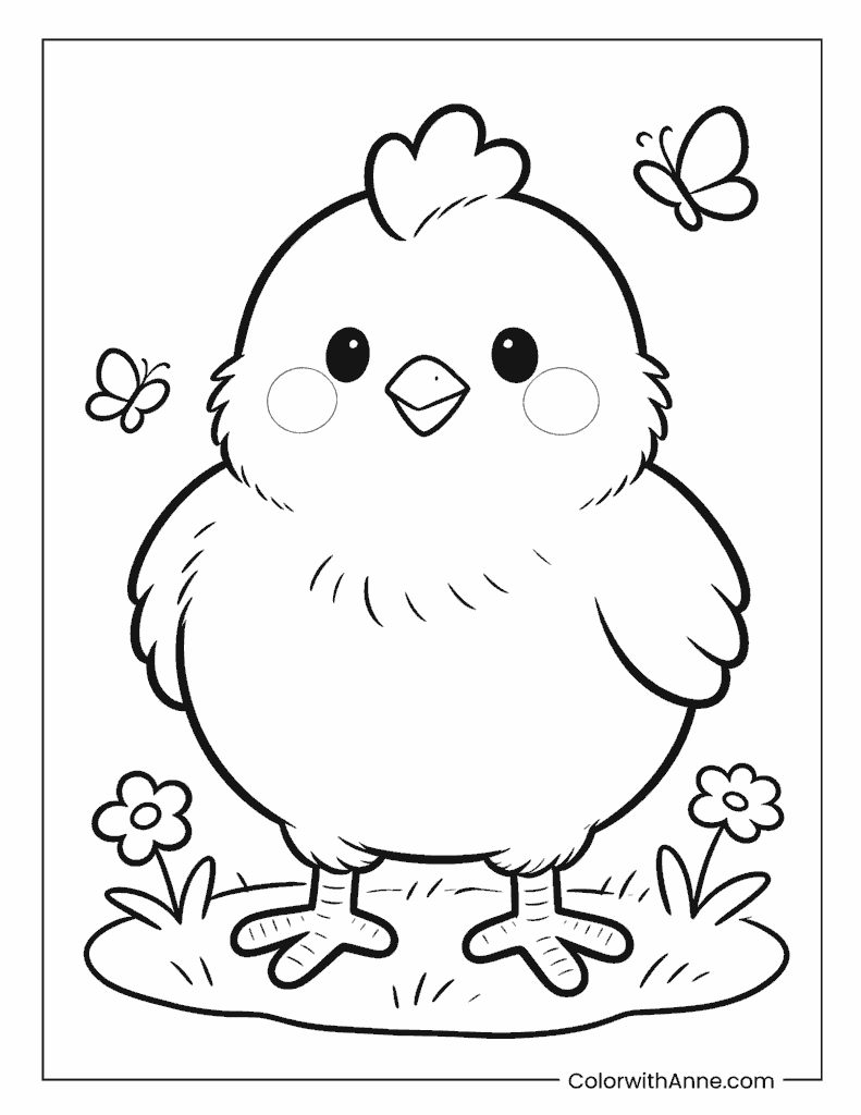 Cute Chick with Butterflies and Flowers Coloring Page
