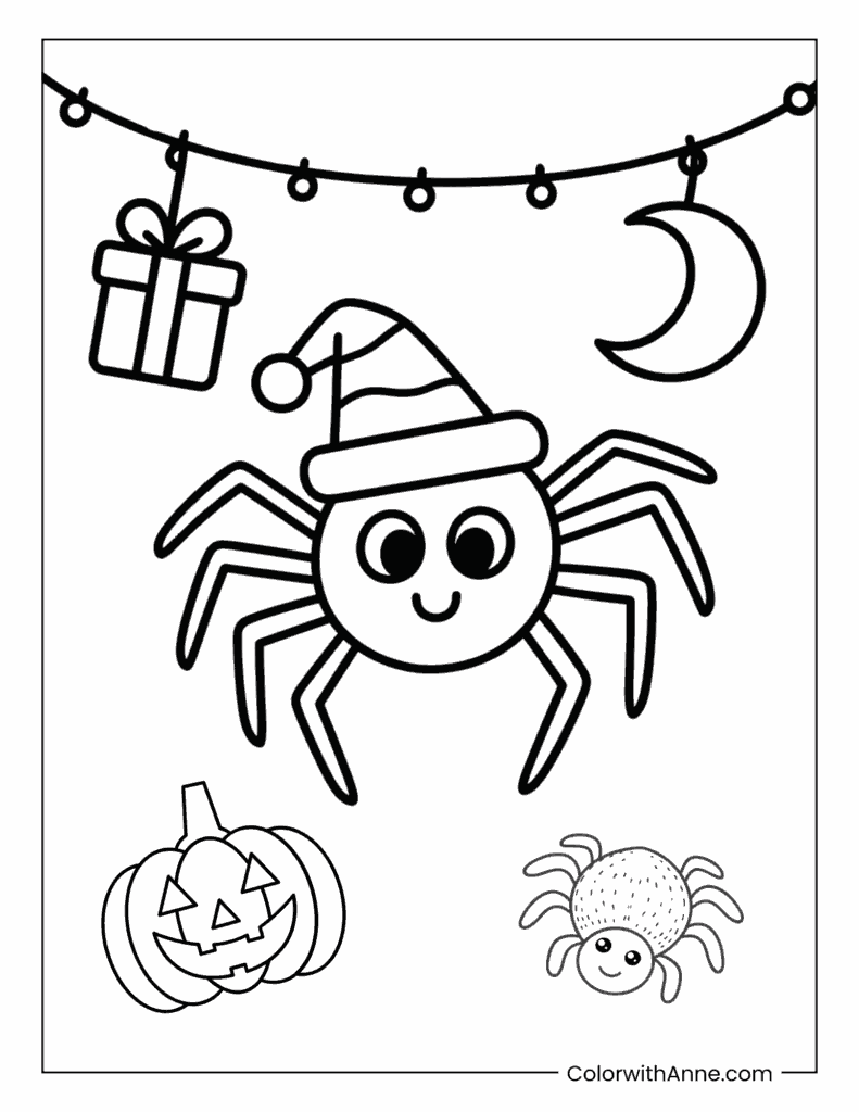 Cute Christmas Spider Coloring Page
