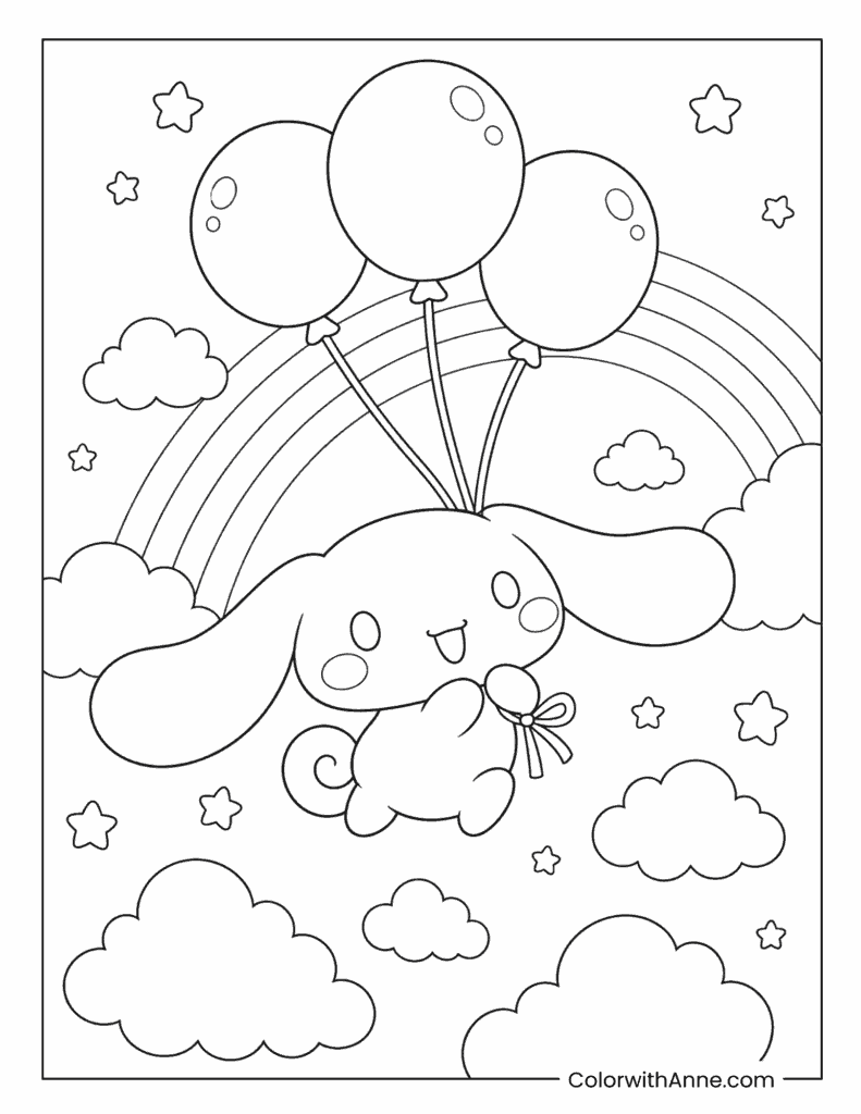 Cute Cinnamoroll’s Rainbow Balloon Flight Through the Clouds