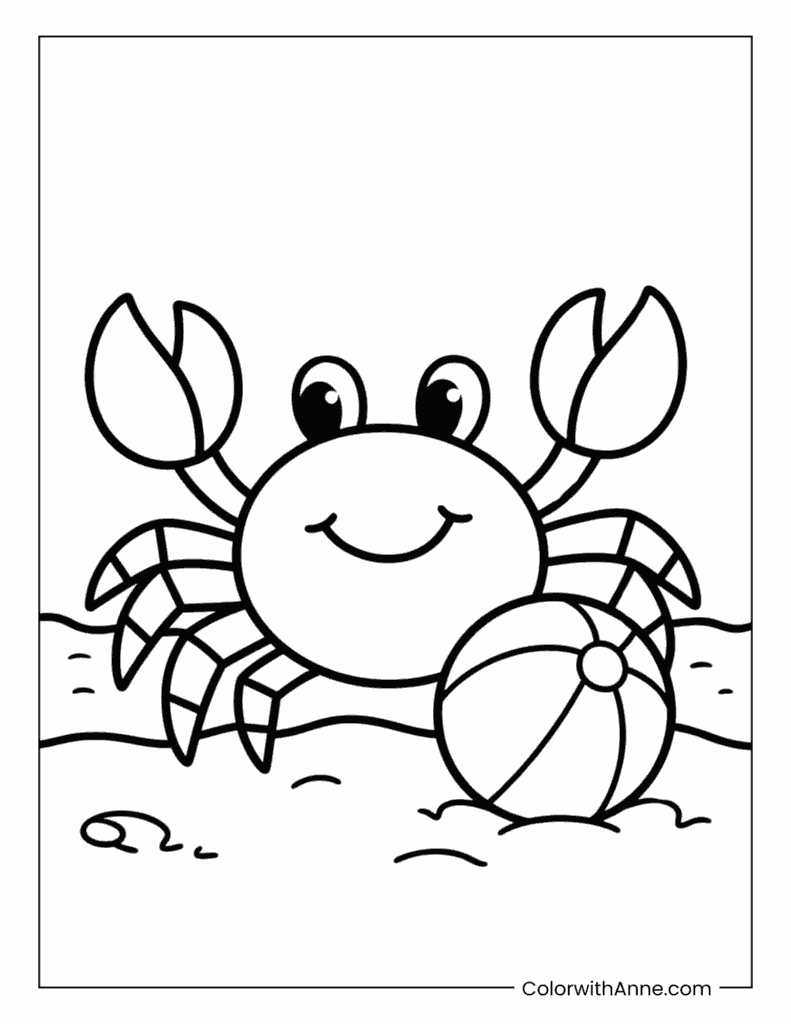 Cute Crab Playing with a Beach Ball Coloring Page