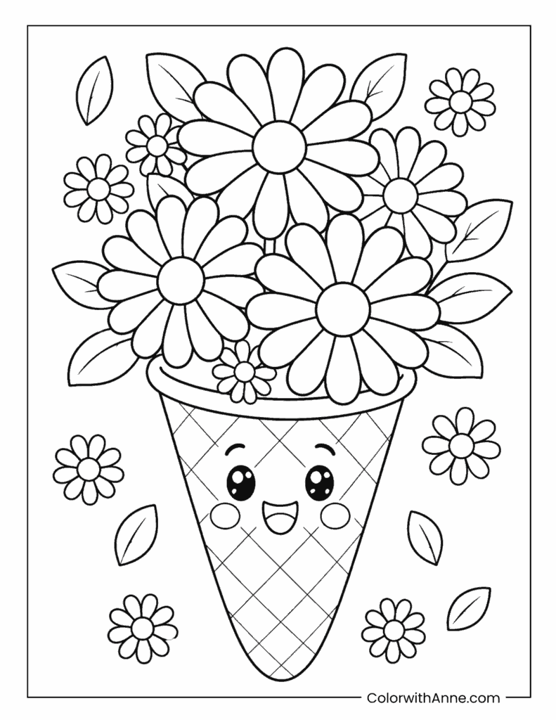 Cute Daisy Bouquet Cone Coloring Page