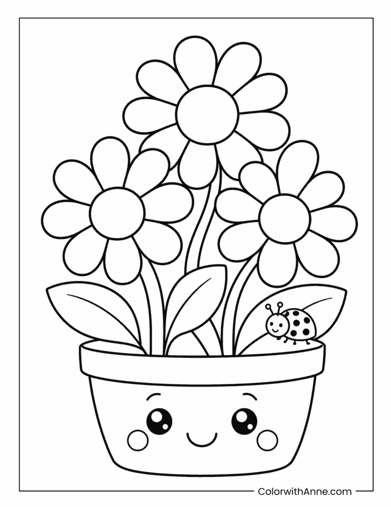 Cute Daisy Flower Pot with Ladybug Coloring Page