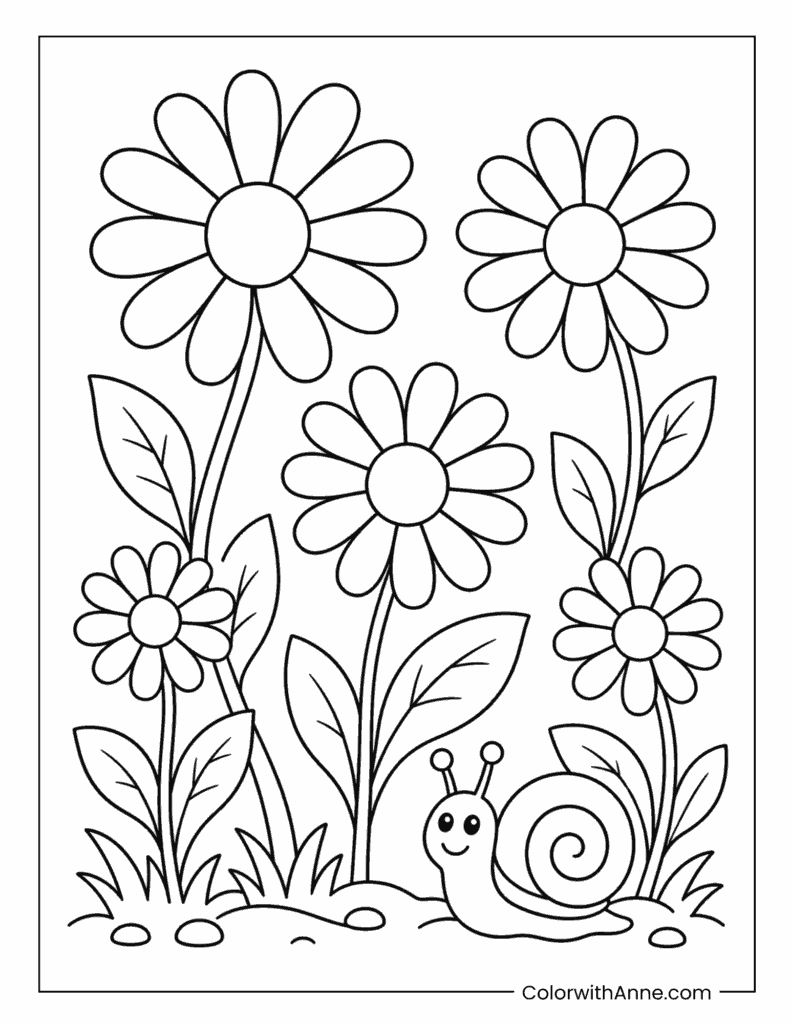 Cute Daisy Garden with Snail Coloring Page for Kids