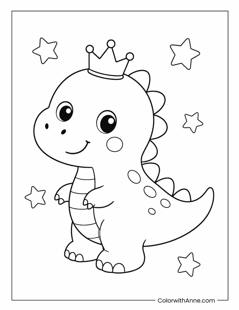 Cute Dinosaur with Crown Coloring Page