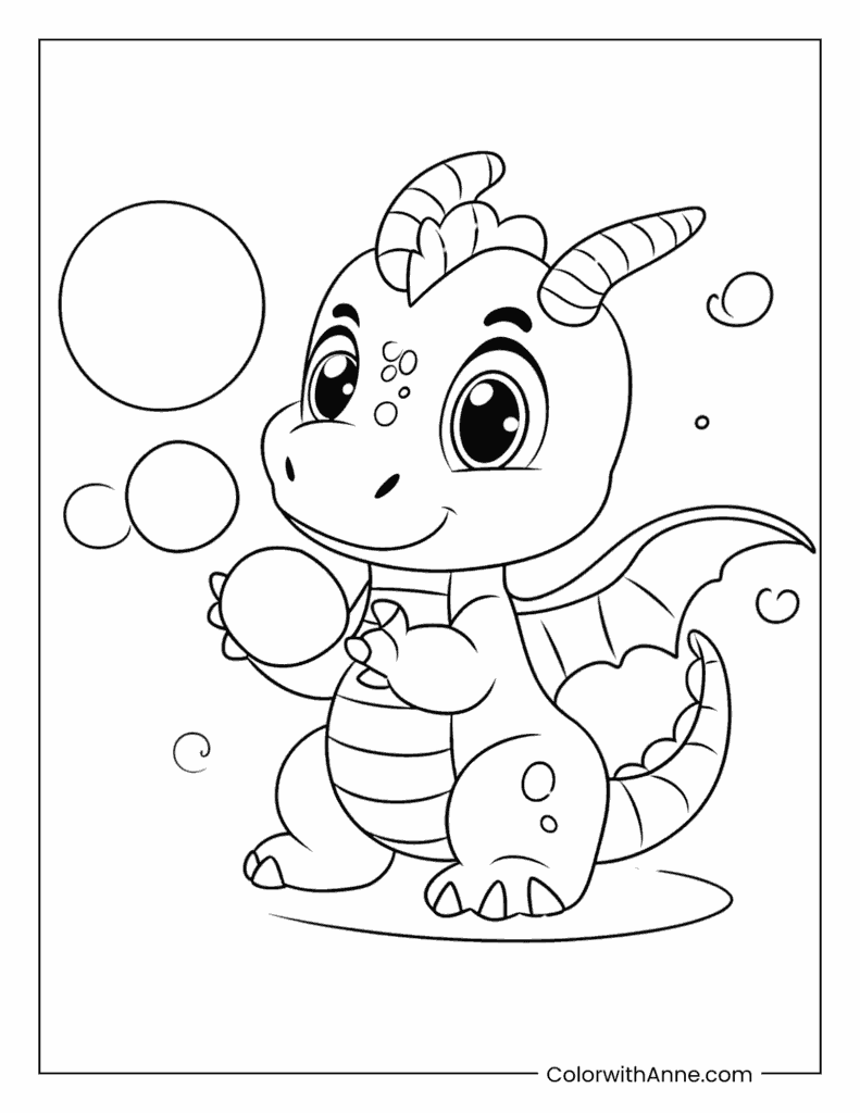 Cute Dragon Playing with Bubbles Coloring Page
