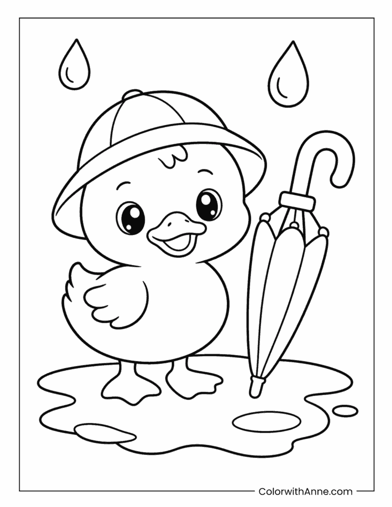 Cute Duck with Umbrella Coloring Page