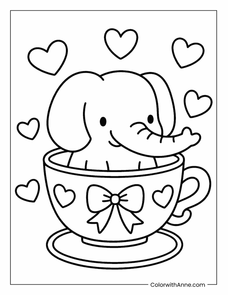 Cute Elephant in a Teacup Coloring Page