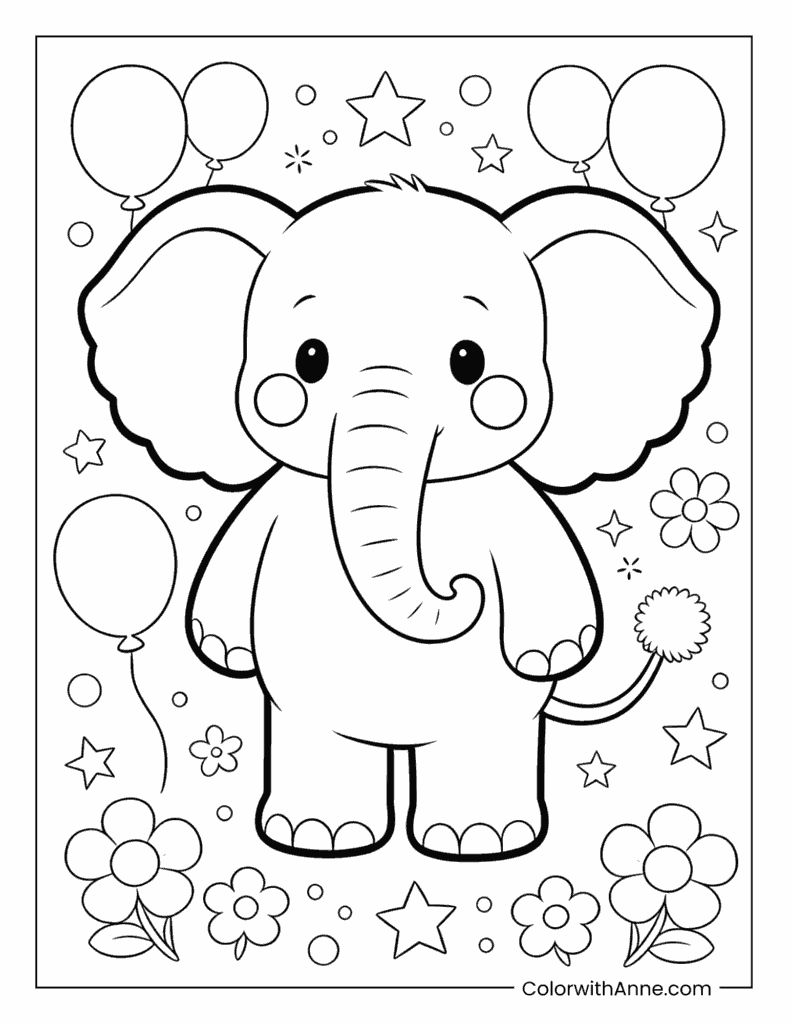 Cute Elephant with Balloons and Stars Coloring Page