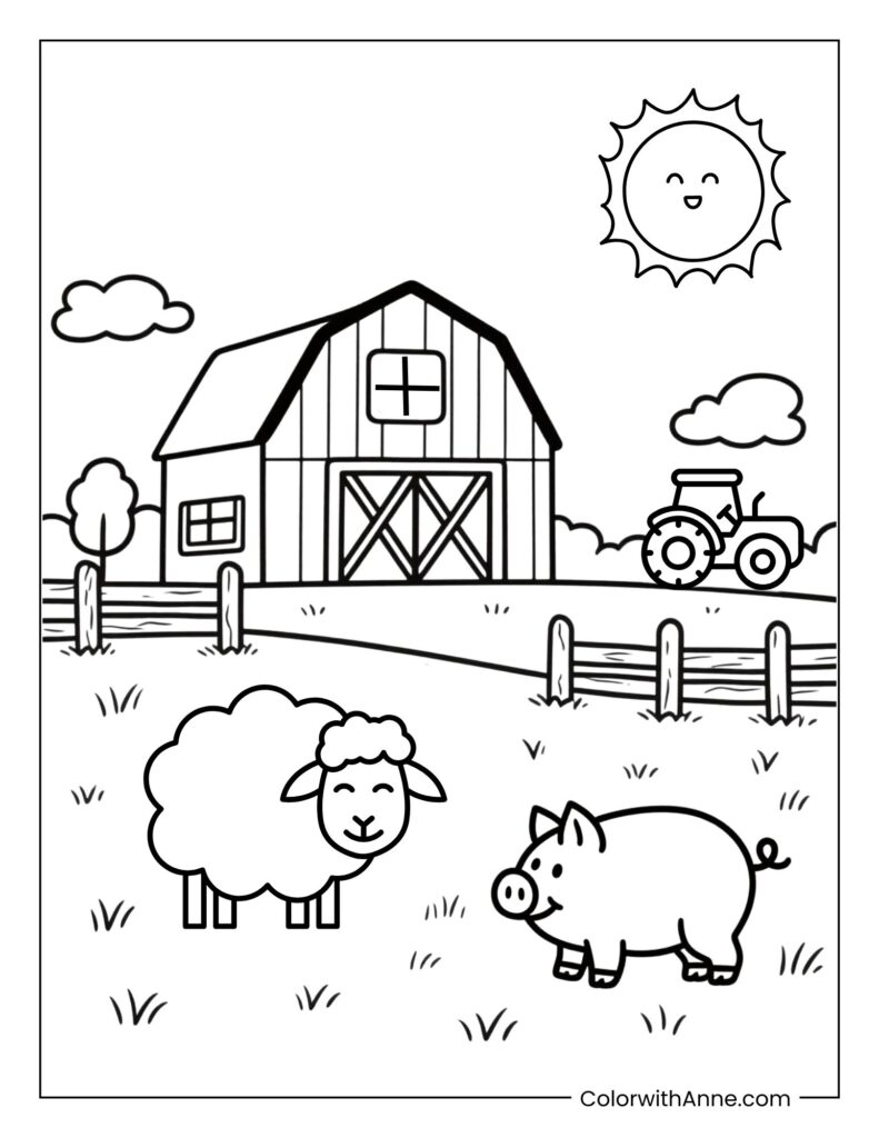 Cute Farm Scene Coloring Page for Kids