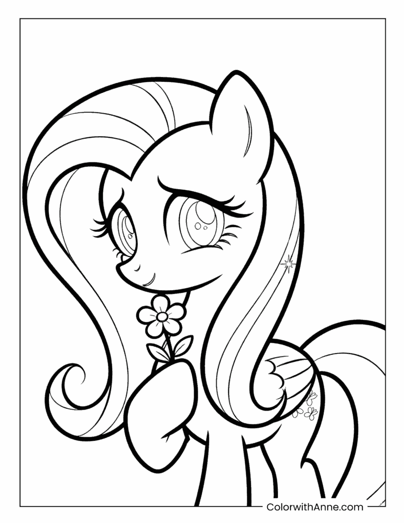 Cute Fluttershy Holding a Flower Coloring Page